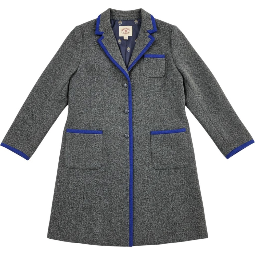 Brooks Brothers Red Fleece Coat Women 12 Grey Wool Blue Trim Contrast Piping